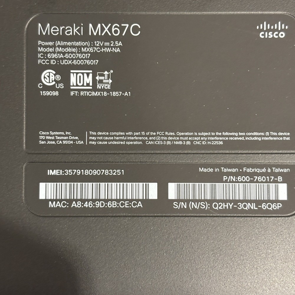 Cisco Meraki Cloud Managed Next Generation Firewall MX67C Open Box