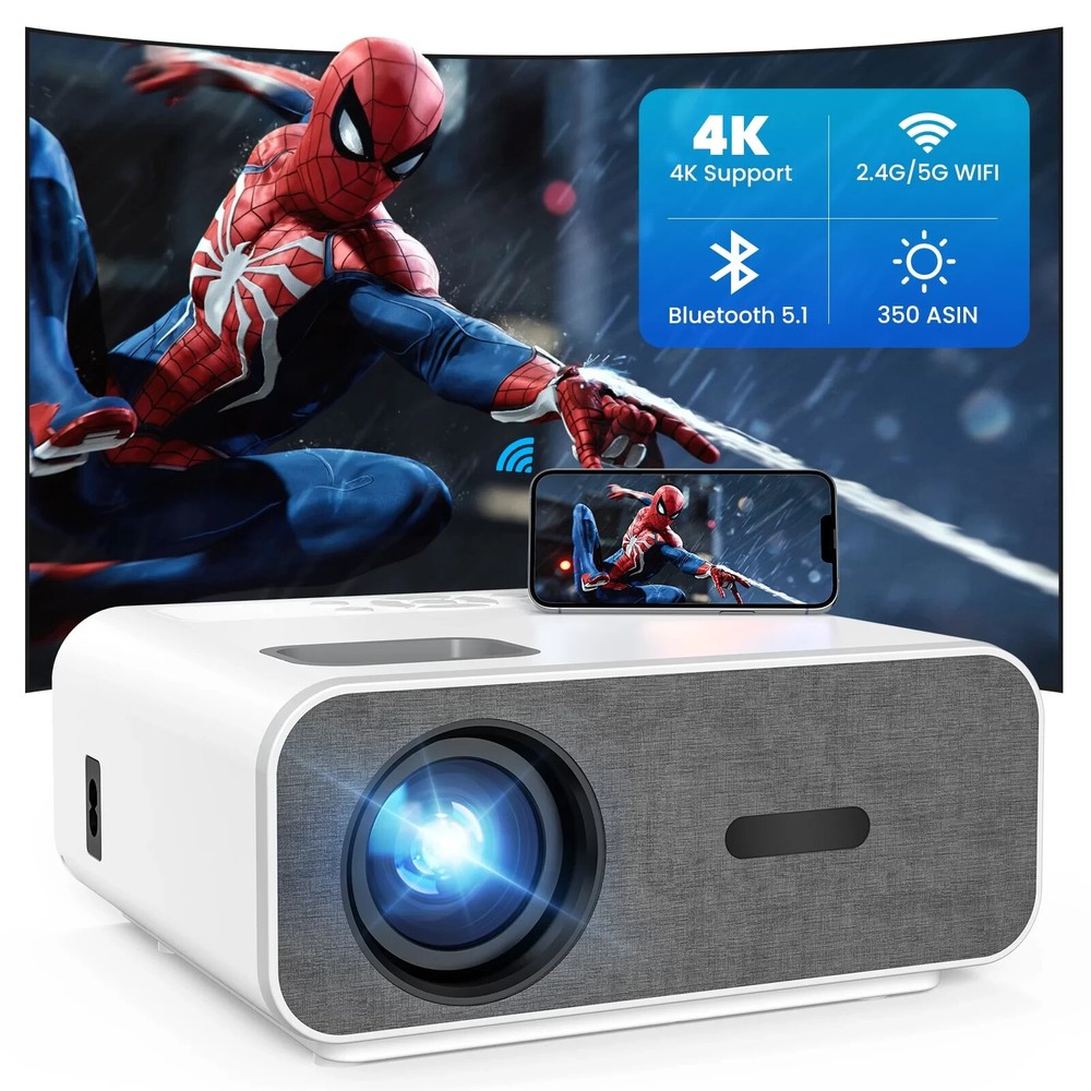 Portable LED 4k Projector WiFi & Bluetooth bundle includes HDMI & AV cables.