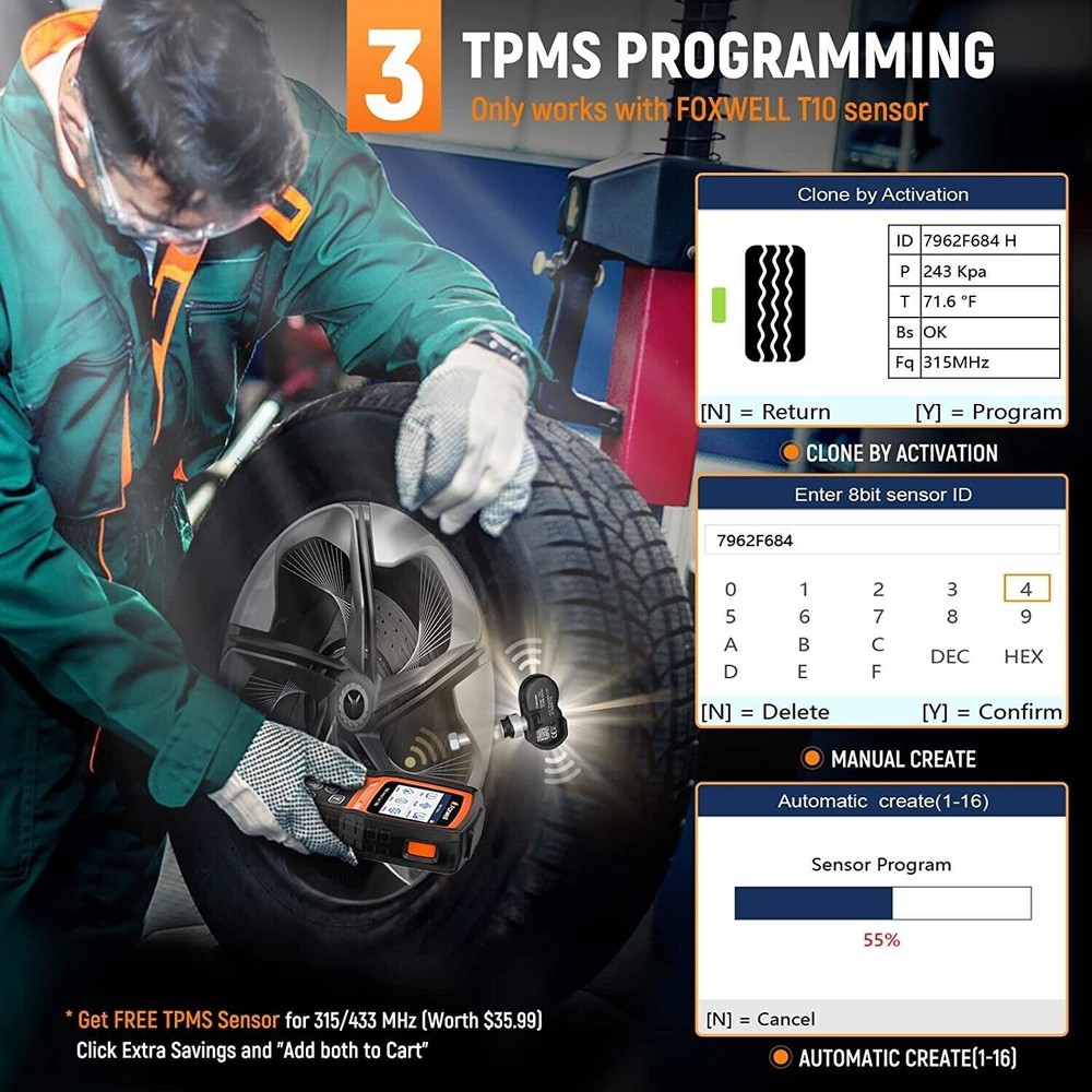 FOXWELL T1000 TPMS Programmer Tire Sensor Pressure Reset Active Diagnostic Tool