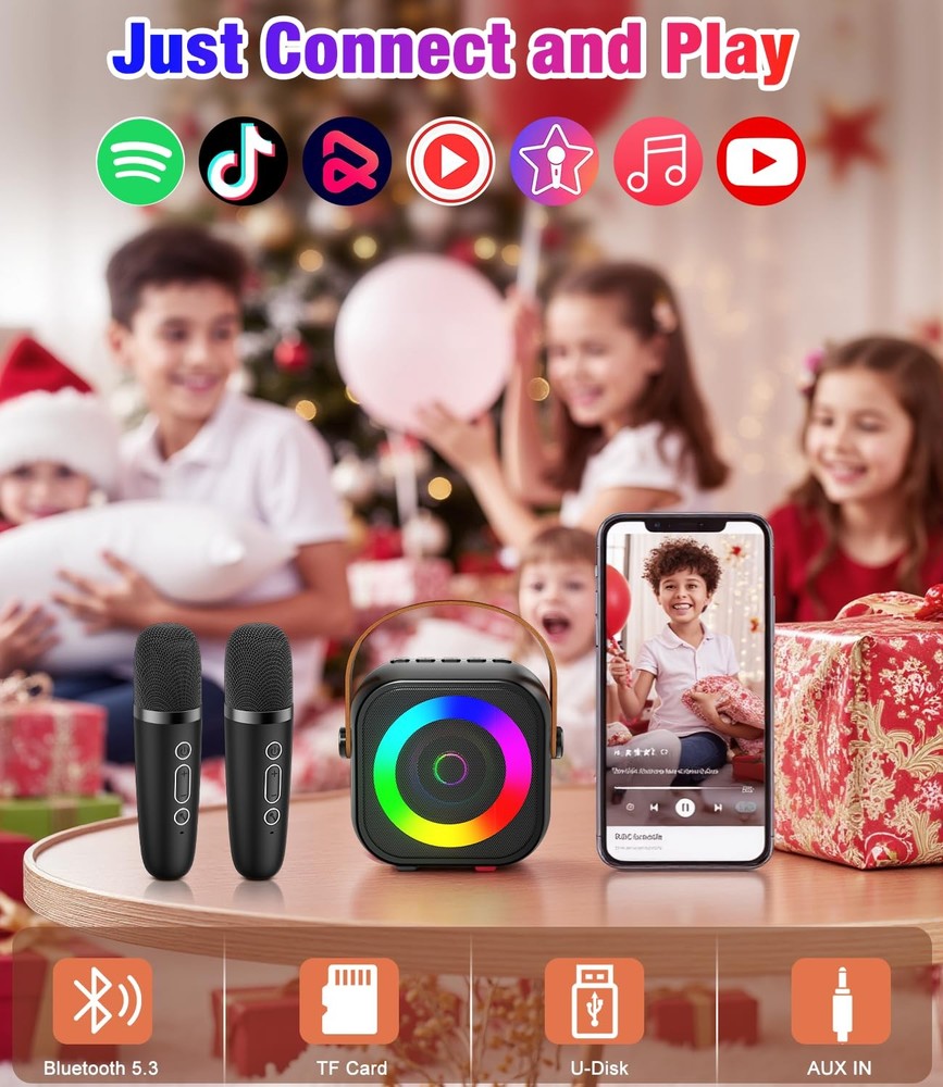 Mini Karaoke Machine, Portable Bluetooth Speaker with 2 Wireless Microphones ...