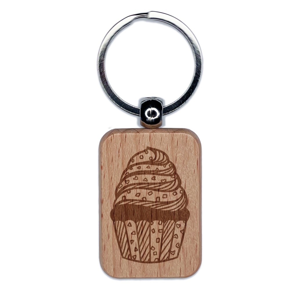 Cupcake Sprinkled with Patterns Engraved Wood Rectangle Keychain Tag Charm