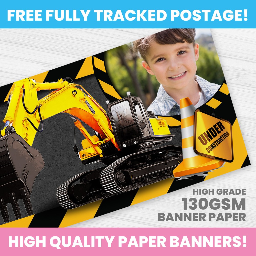 CONSTRUCTION DIGGER BANNER PERSONALISED ANY NAME PHOTO PARTY BANNERS