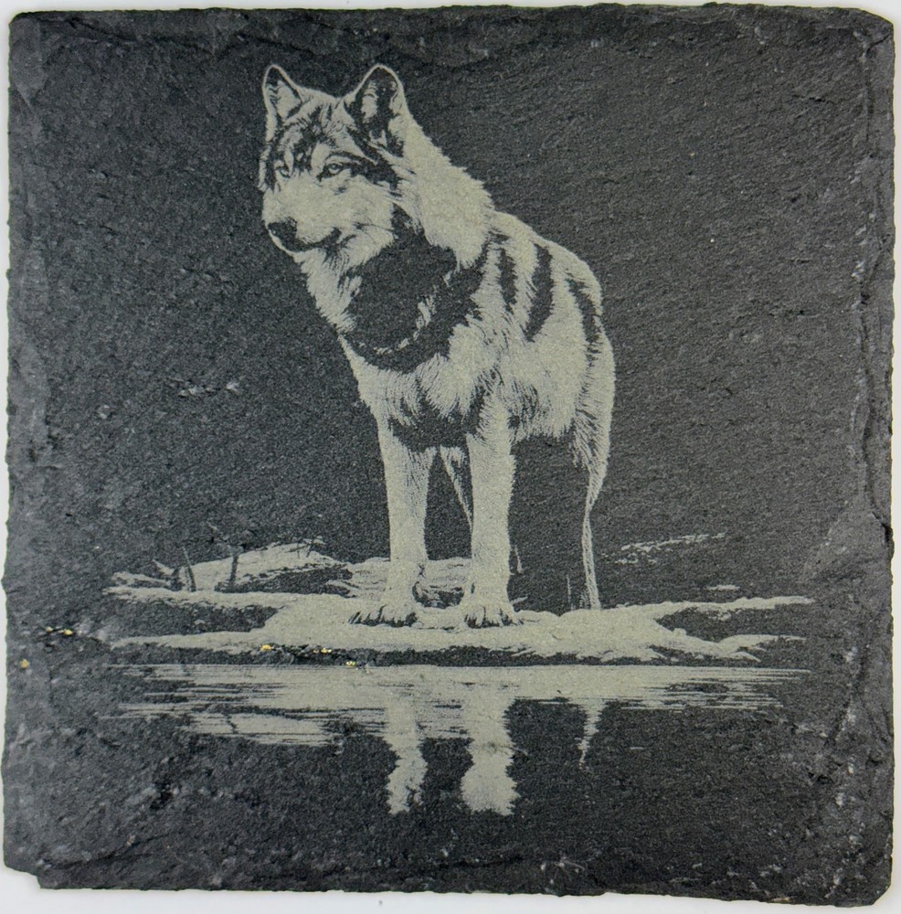 Wolf Slate Coasters – Laser Engraved Rustic Wildlife Drinkware