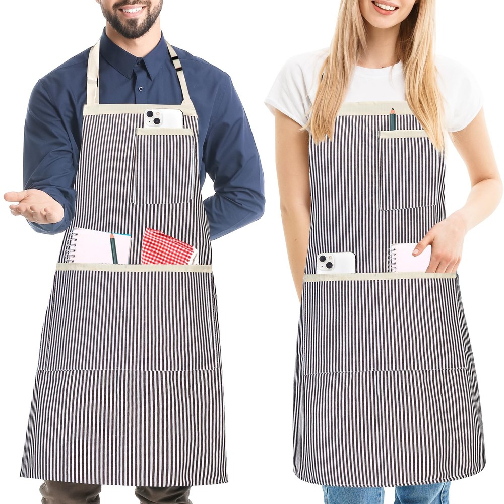 2 Pack Stripe Kitchen Apron, Adjustable Bib Apron with 3 Pockets, Chef Aprons...