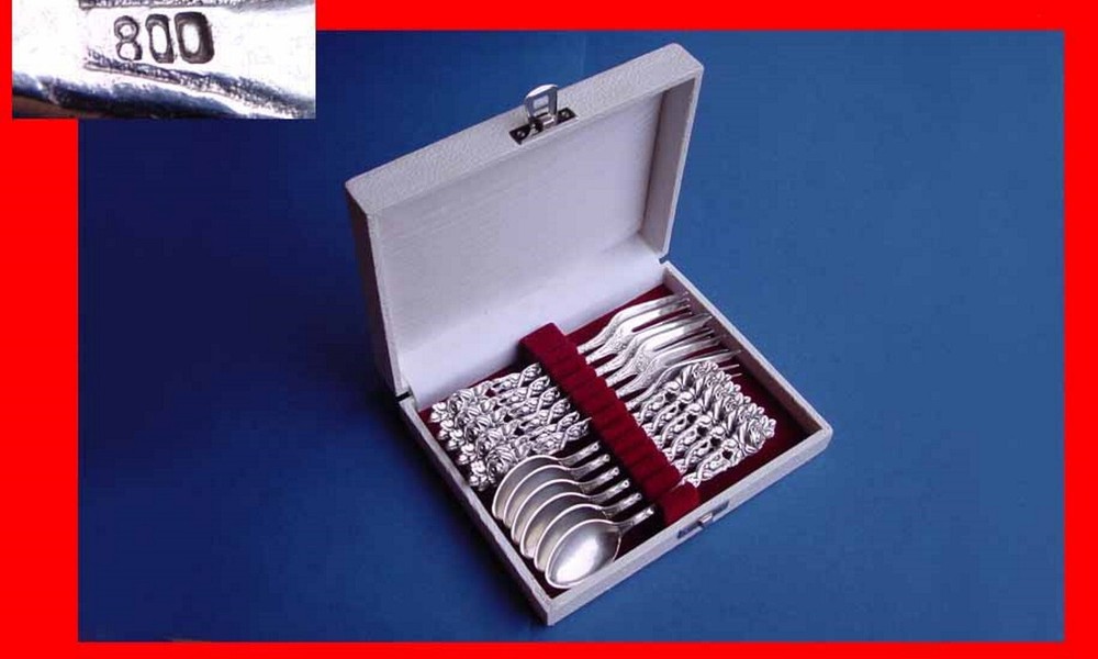 Rare Set, 6 Cake Fork + 6 Coffee Spoon, Rose, 800 Silver B401