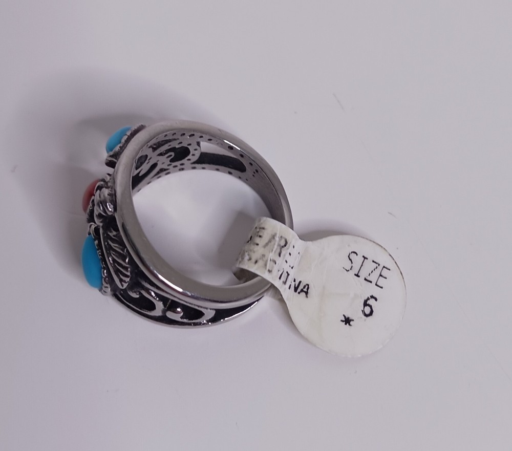 Southwest Turquoise And Coral Silvertone Ring Size 6