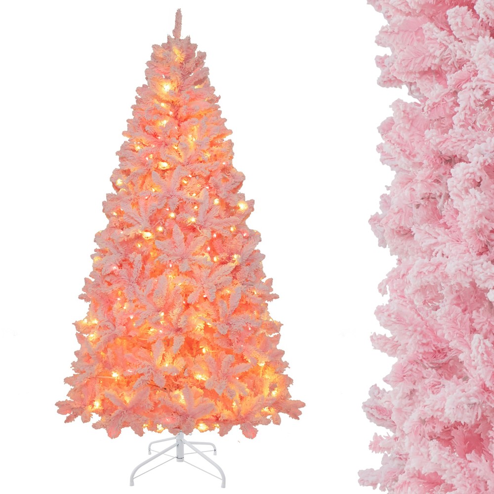 7 FT Pre-Lit Artificial Christmas Tree Lighted Pink Snow Flocked Xmas Tree