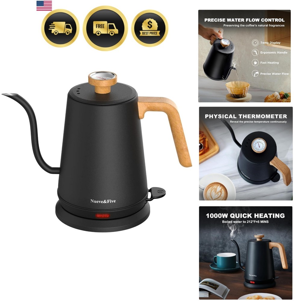Gooseneck Electric Kettle with Thermometer， Black Electric Kettle 1L with Aut...