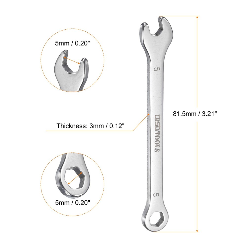 Thin Combination Wrench 5mm with 6-Point Ended 15°Angled Open End