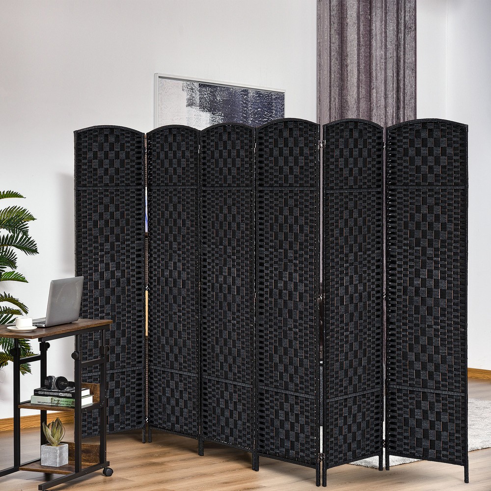 6 Panel Folding Room Divider w/Wood Frame, 6' Tall Wicker Weave Wall Partition