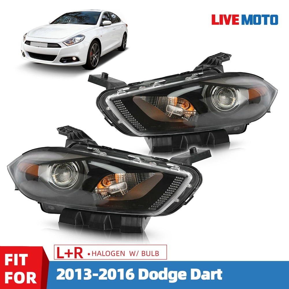 Halogen Headlight For 2013-2016 Dodge Dart w/Black Trim w/Bulb Left+Right Side