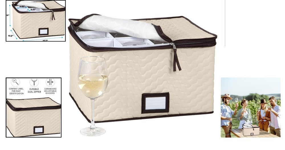 Elegant Stemware Storage Box - Quilted Microfiber, 12 Glass Capacity, Stackable
