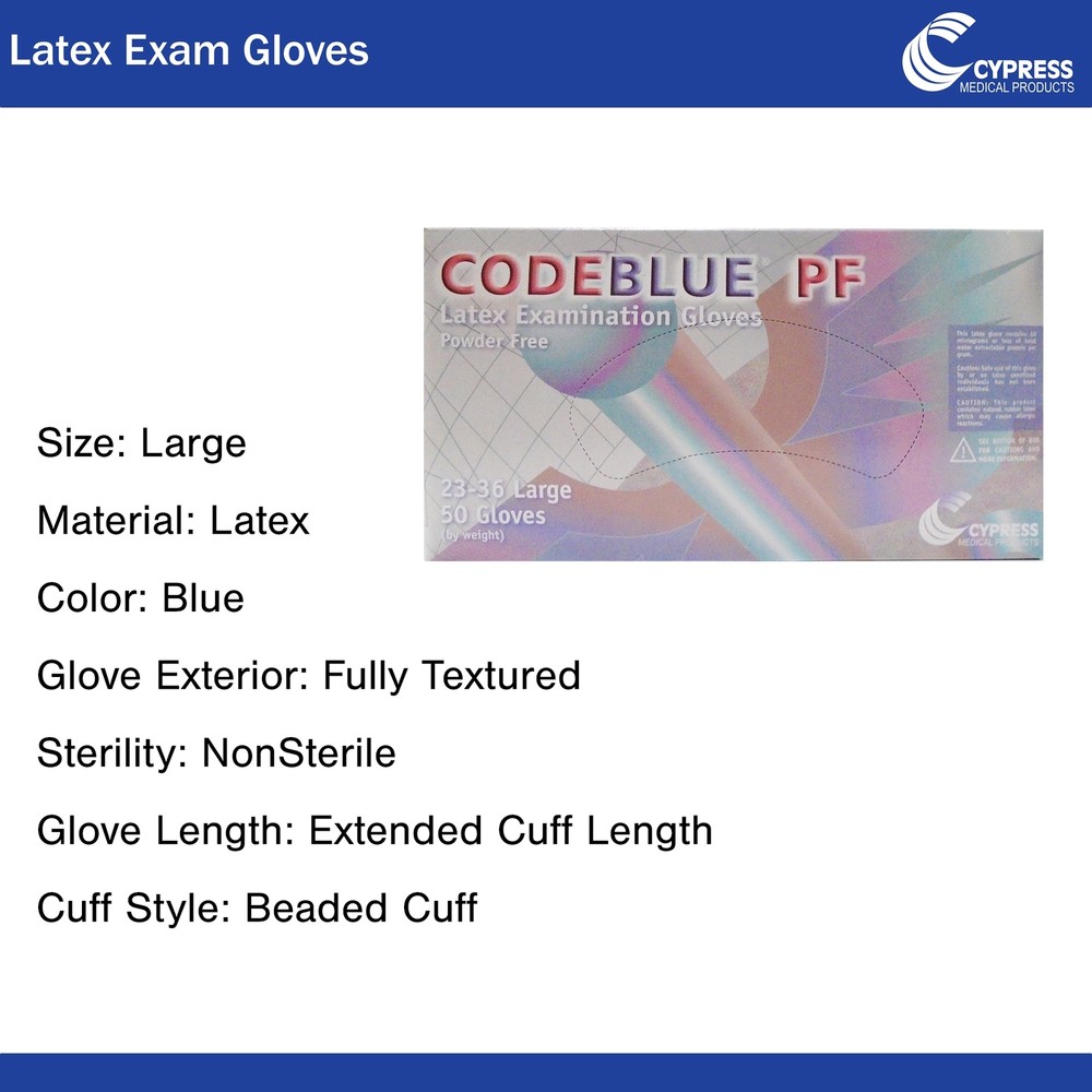 CODEBLUE PF Latex Exam Glove Extended Cuff Length LARGE 23-36 50 per Box