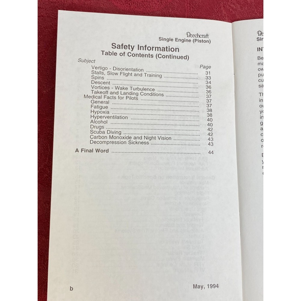 Beechcraft Single Engine (Piston) Airplanes Safety Information Booklet May 1994