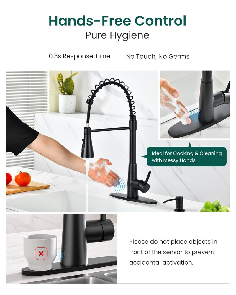 Pull Down Kitchen Faucet Touchless Black, Motion Sensor Activated Automatic K...