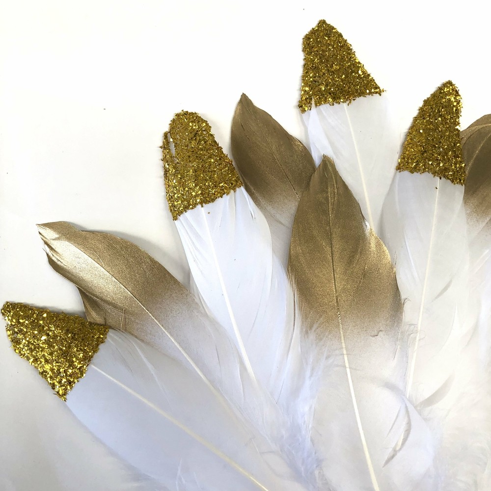 White Goose Pointer Feathers Gold & Glitter Tipped x 10