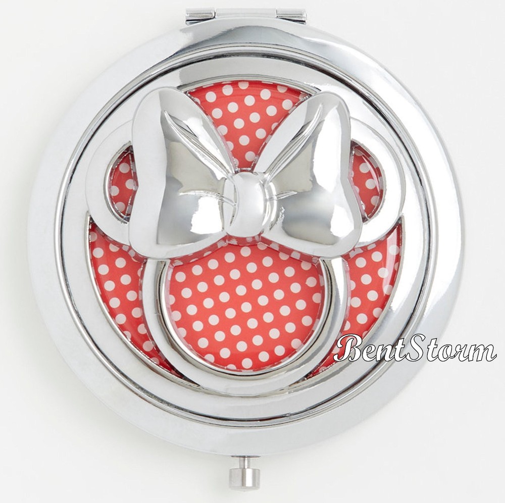Disney Minnie Mouse Silver Bow Red Polka Dot Double Sided Compact Mirror NEW