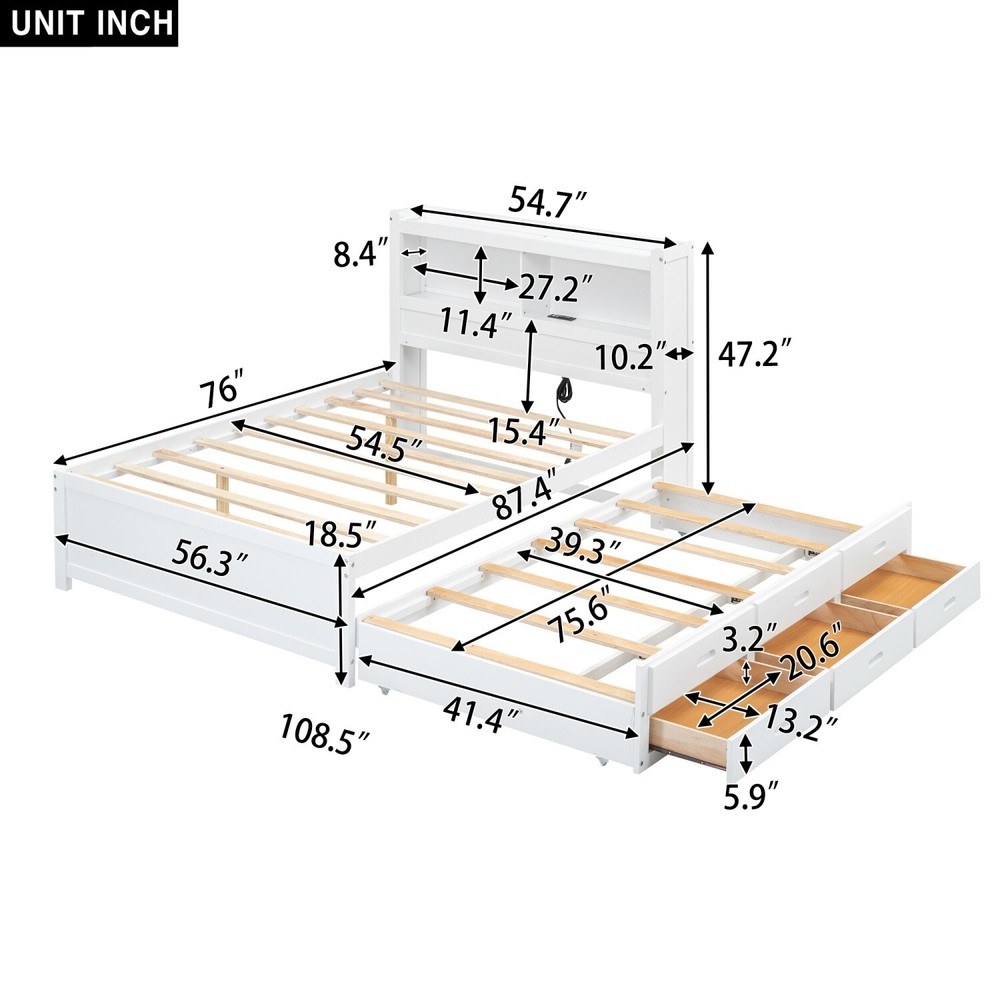 Full Size Bed Frame Wood Platform Bed with Pull Out Trundle & Drawers White/Gray