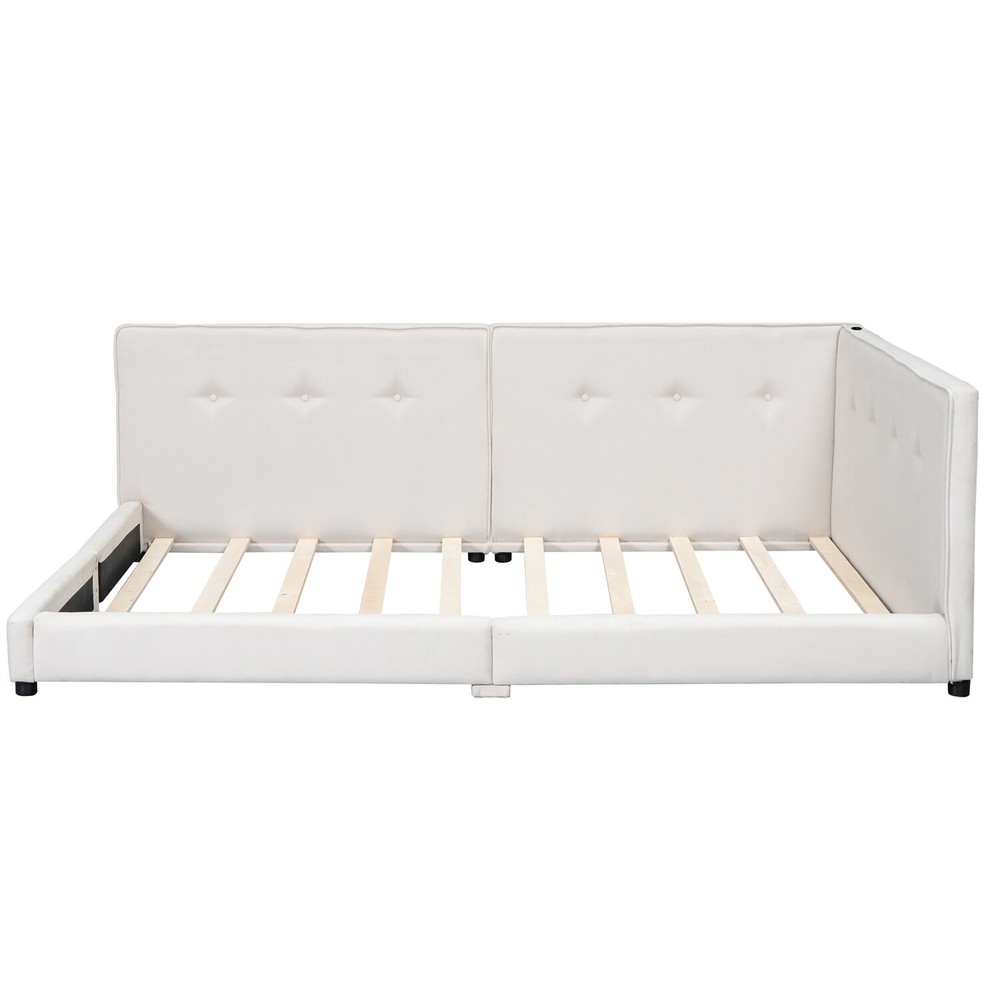 Full/Queen Size Bed Frame Upholstered Platform Bed w/ USB Ports Beige/Blue