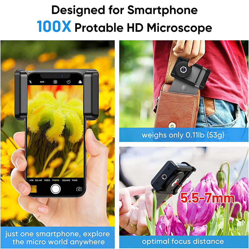 Phone Macro Lens 100X Magnification Microscope for Android/iPhone with LED Light