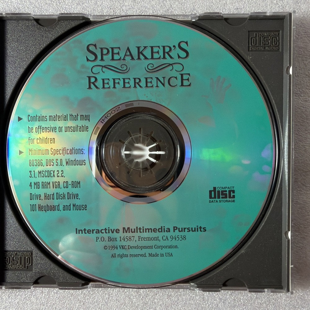 Speaker’s Reference PC CD ROM 1994 Guide To Public Speaking