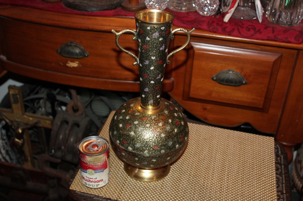 Middle Eastern India Brass Metal Double Handle Vase Flowers Scrolls