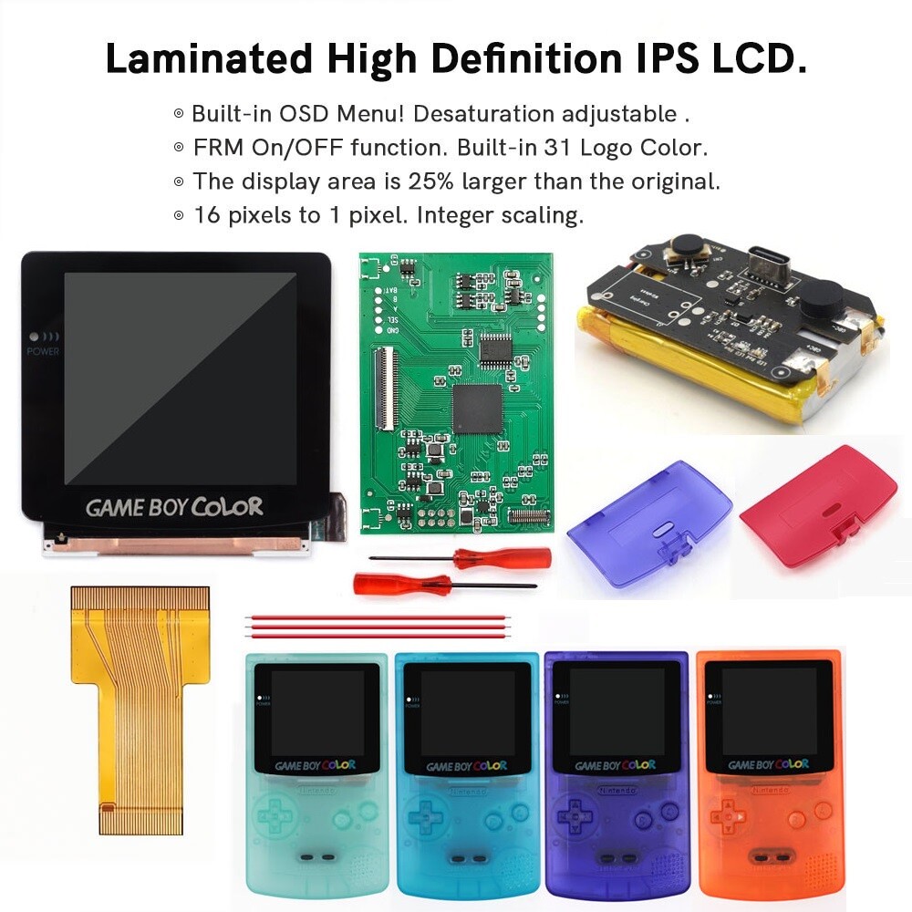 Single Glass Laminated OSD Menu IPS LCD Screen+Pre-cut Case With Battery For GBC