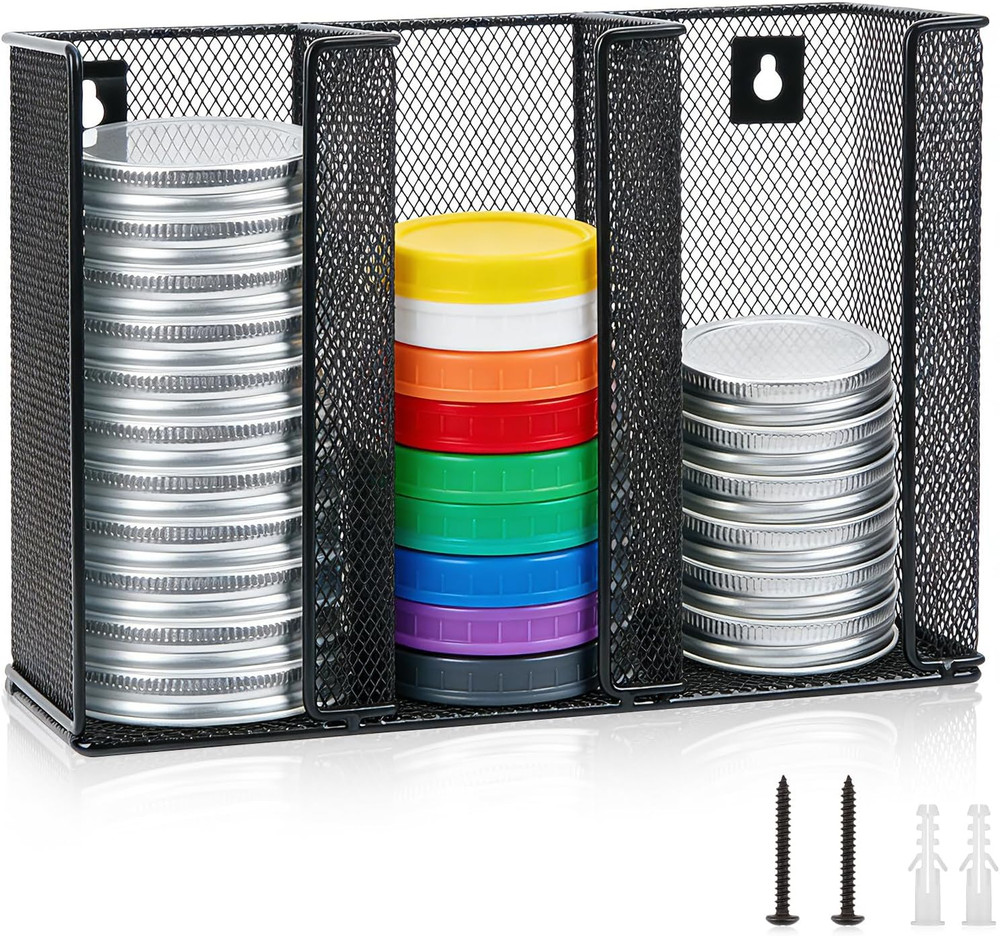 Wall-Mounted Metal Mason Jar Lid Organizer with 3 Compartments for Storage