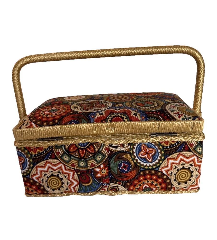 Sewing Basket Fabric Covered Rectangular Straps Handle Plastic Insert
