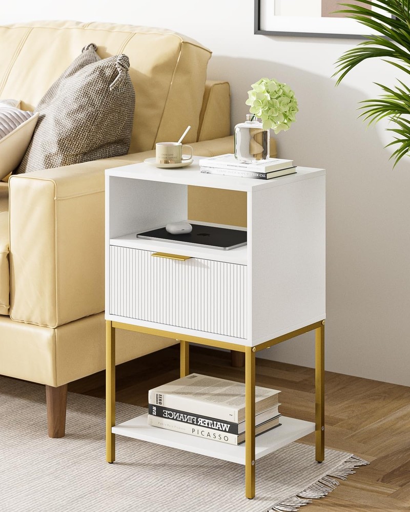 Nightstand Modern Bedside Table W/ Gold Frame 25.51''H End Table,White Night