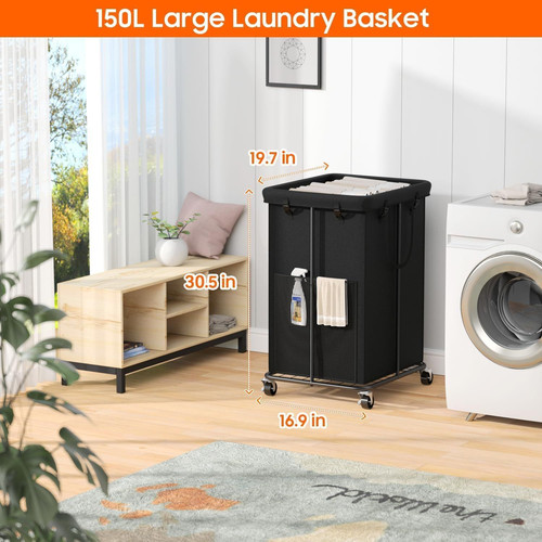 150L Laundry Hamper with Wheels, Rolling Basket 40GAL, Black