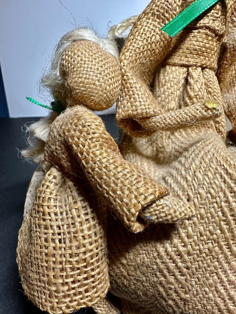 Vintage Burlap Figures Sitting On Real Log