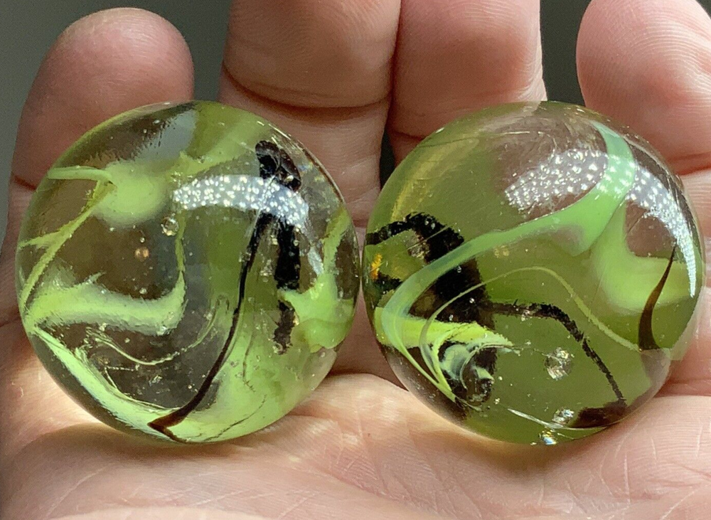 2 BOULDERS 35mm COMMANDO Marbles Wire Pull Confetti Green/Brown Glass LARGE HUGE