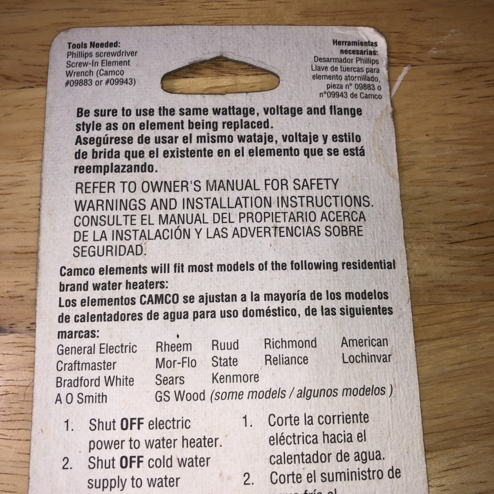 Camco 02343 4500W 240V HWD Screw-In Water Heater Element High Watt Density NOS