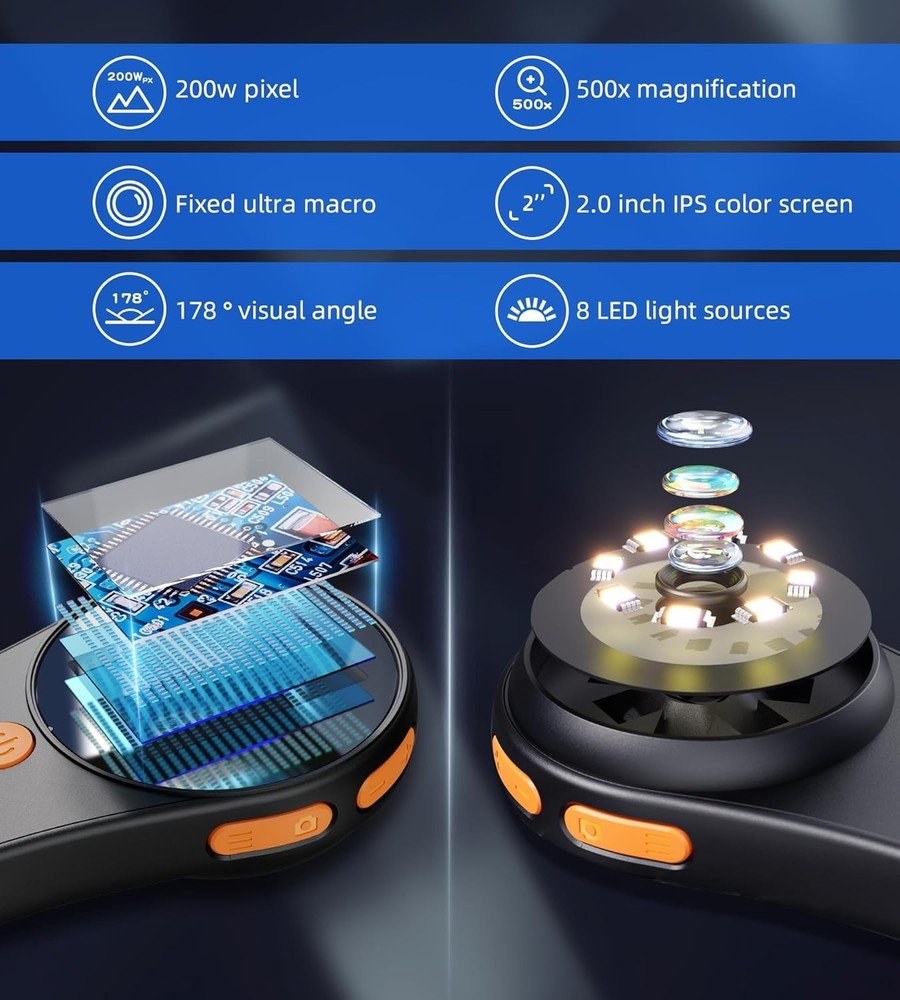 Portable 500x Digital Microscope with 2.0'' IPS Screen & LED Light - USB Ready