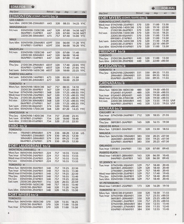 Canada 3000 timetable 2000/11/01 1st edition