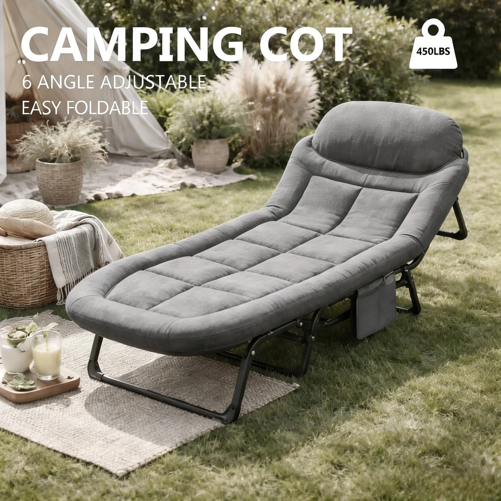 Camping Cot for Adults, 6 Angle Adjustable Folding Camping Bed with Mattress, Fo