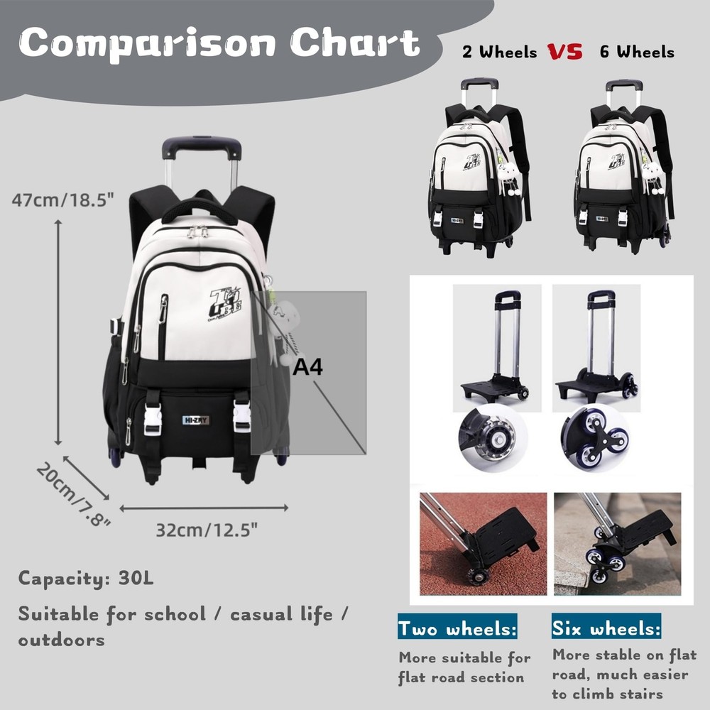 Black Rolling Backpack For Girls Boys Elementary Middle School 2 Wheels