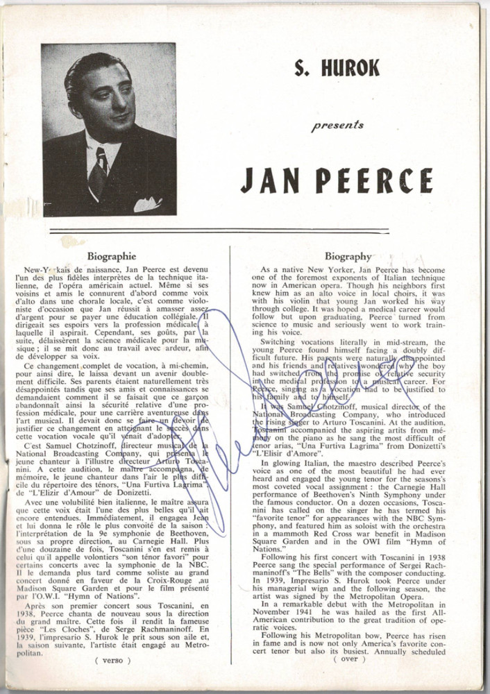 Jan Peerce American Opera Autographed Signed Program AMCo COA 18210