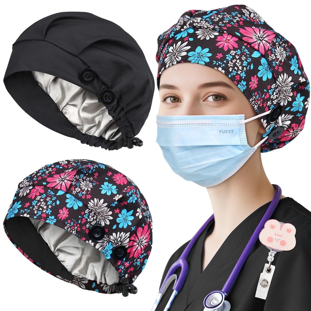 Satin Lined Bouffant Scrub Caps 2 Pack Buttons Adjustable Women Men