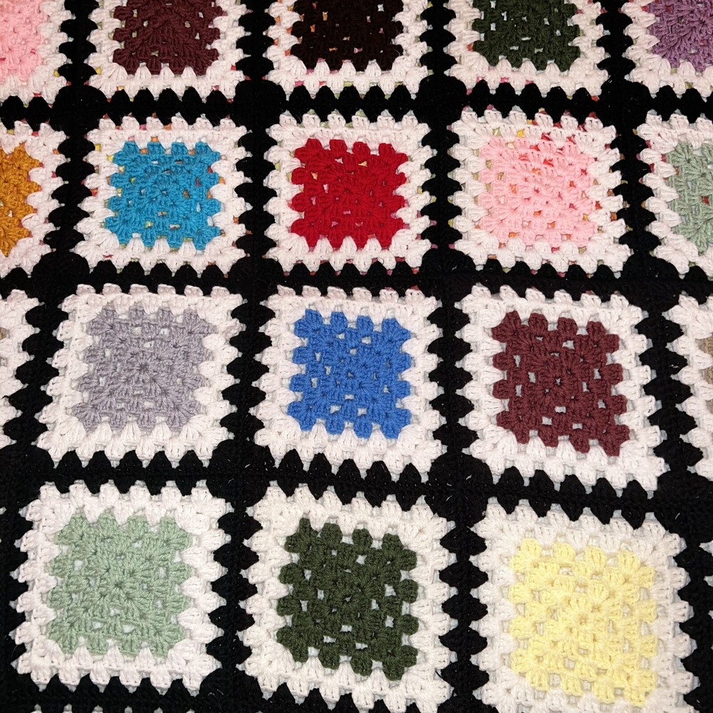 Vtg Afghan Handmade Granny Square Blanket 72" x 64" Multi Colored