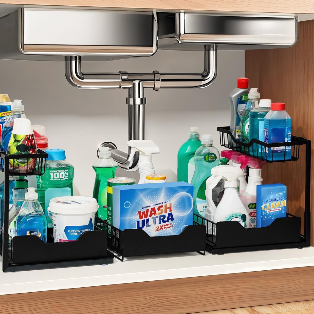 3 Pack, Under Sink Organizer 2-Tier with Slide Out Lower Drawer - Metal Pull ...