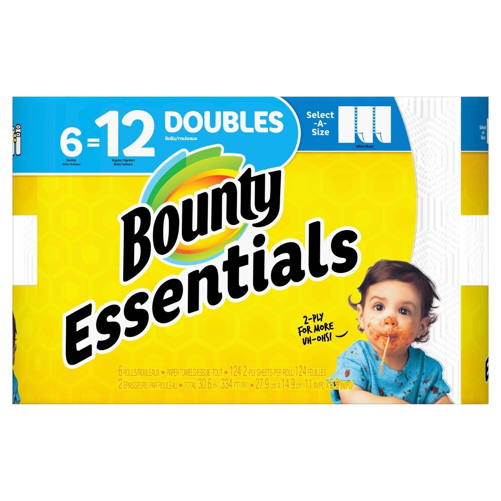 Bounty Essentials Strong Paper Towels, White, 6 pack Double Rolls = 12 Regular