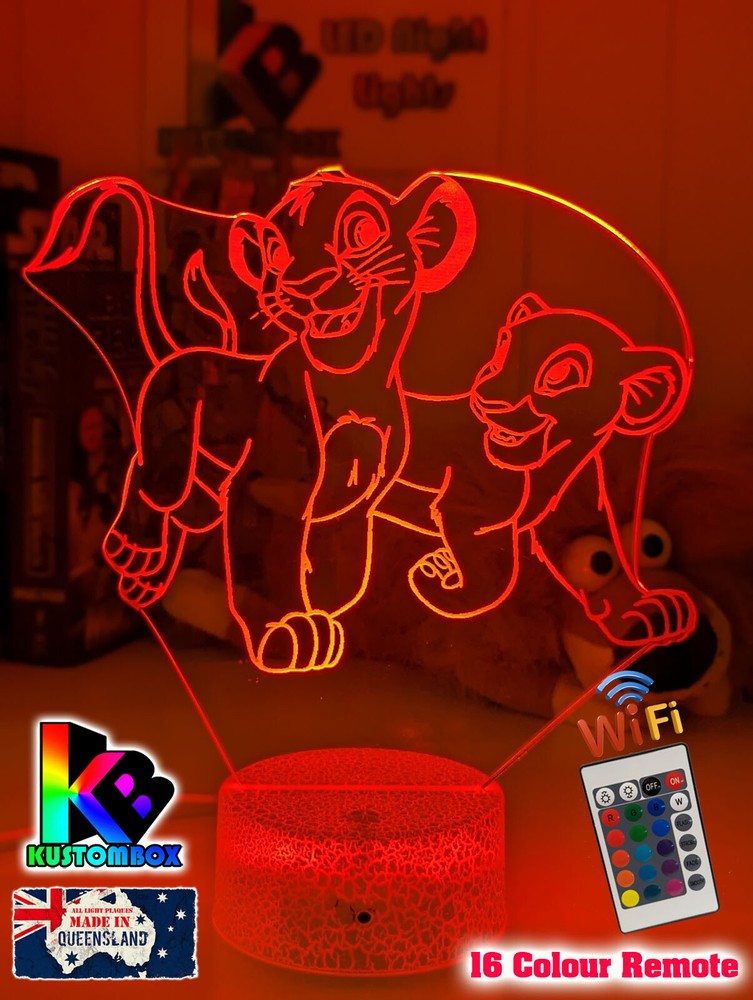 LION KING SIMBA & NALA PERSONALISED NAME 3D LED USB NIGHT LIGHT 7 COLOUR REMOTE
