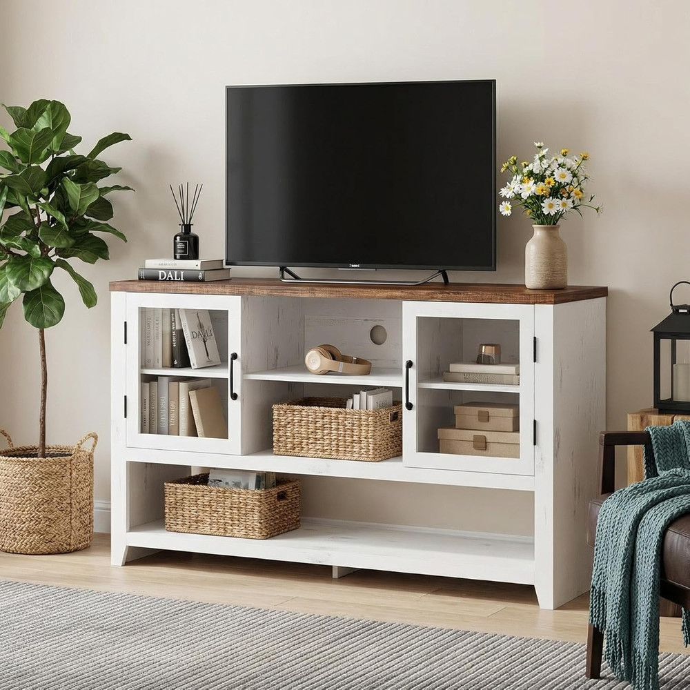 53" Modern Kitchen Buffet Sideboard Cabinet with Glass Doors - White