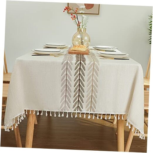 Rustic Cotton Linen Table 86" x 55" (Rectangular) Beige, Wine Leaf