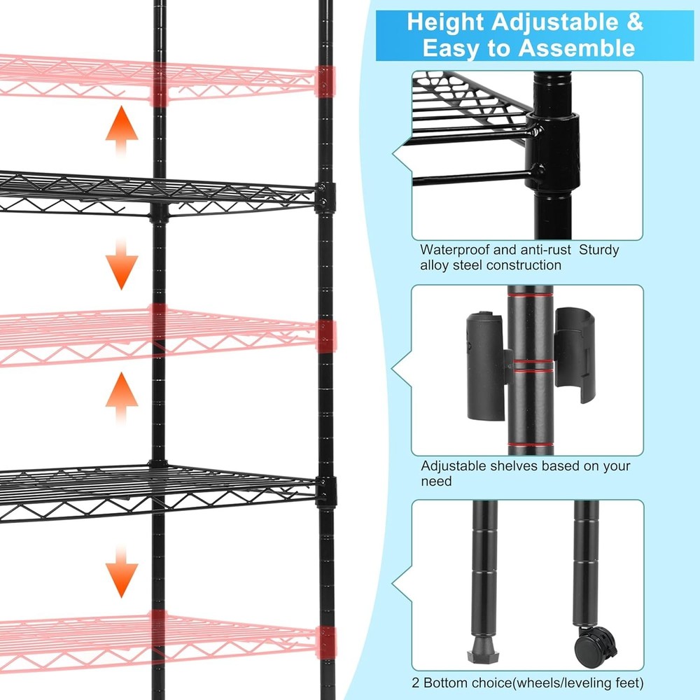Rust Proof Wire Shelving Unit with Wheels, 5-Tier Adjustable Storage Solution