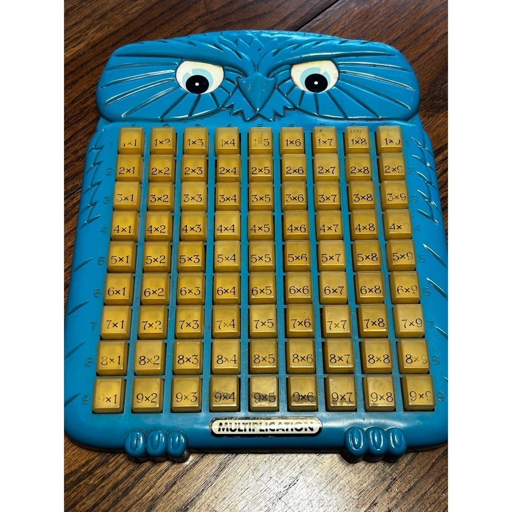 Vintage Blue Owl Multiplication Table Learning Toy Push Button Math Game Retro