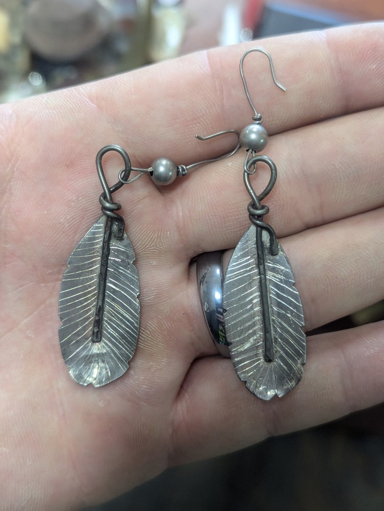 Large Sterling Silver Signed Native Feather Leaf Flower Dangle Drop Earrings