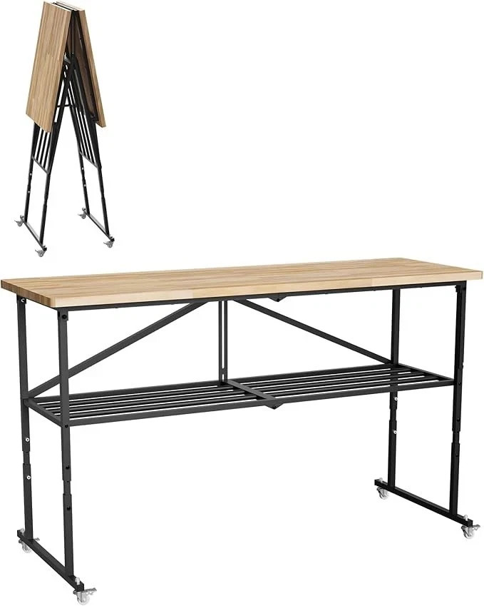 65"Workbench Adjustable Height Work Table 2000LBS Load Rubber Wood Top